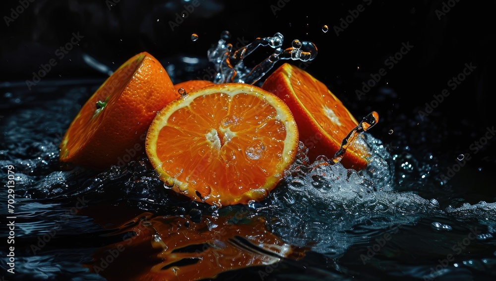 Poster a group of oranges that are in the water with a splash of water on the top of one of them.