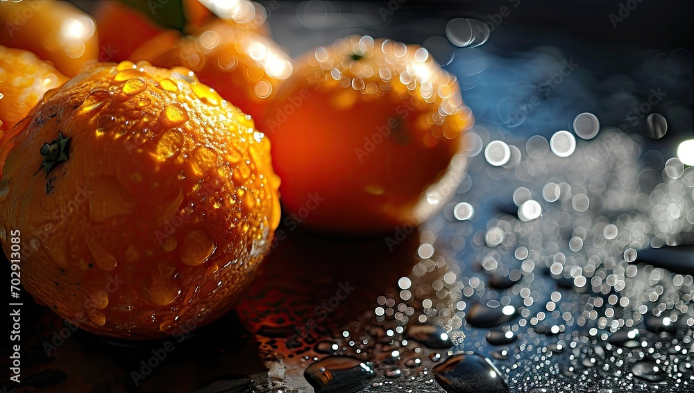 Poster a close up of a bunch of oranges on a table with water droplets on the surface of the table.