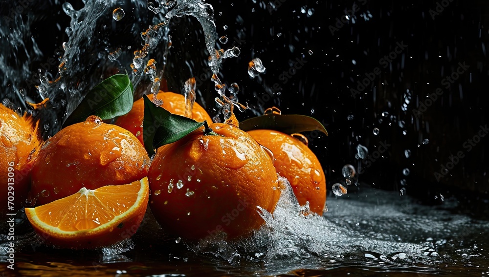 Poster a group of oranges with water splashing on them and leaves on the top of one of the oranges.