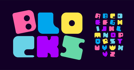 Colorful block style alphabet, unique blocks for childish toy logos, quirky, memorable signage, and standout headlines for children's zones. Vector typeset.