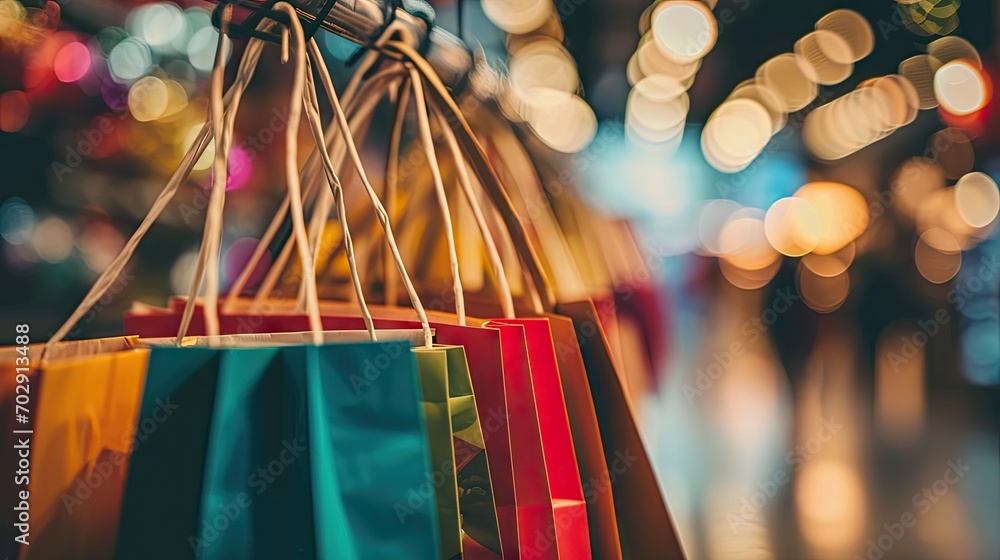 Aufkleber a shopping bag hanging from a string in front of a blurry image of a street with lights in the backg