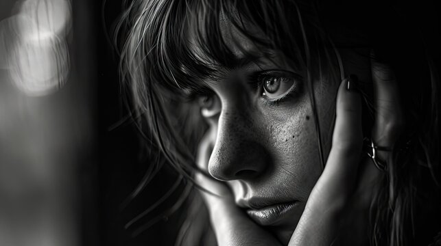   a black and white photo of a woman with her hand on her face, her expression conveying a sense of loneliness and despair The background is blurred, emphasizing the woman's lonel