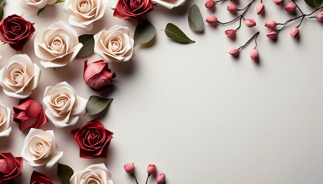 White and red roses with pedals on a white background with space for text
