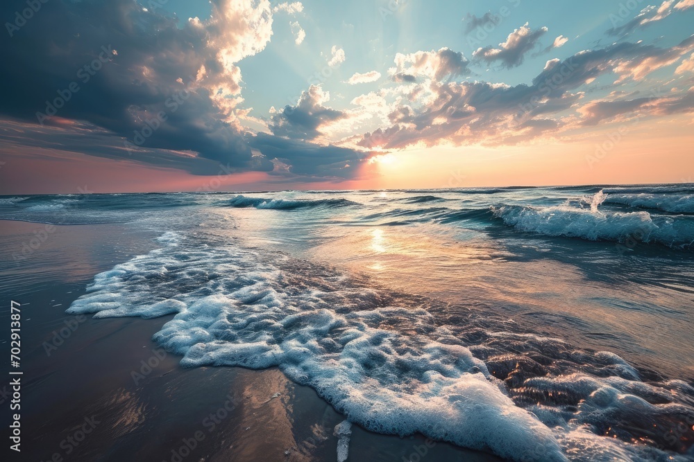 Poster the sun is setting over the ocean with waves crashing on the shore and the sun is setting over the w
