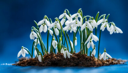 Close-up image of spring flowering white Snowdrop flowers also known as Galanthus Nivalis, from ground, on blue background. Copy space. - obrazy, fototapety, plakaty