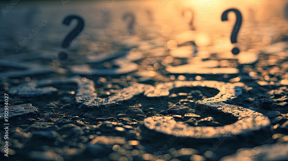 Poster a road with a number of question marks scattered across it, illuminated by the sun in the background
