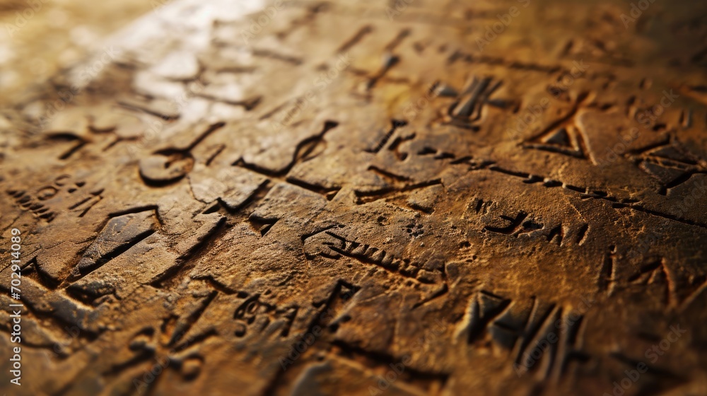 Poster a close up of a piece of writing on a surface with writing on the surface and symbols on the surface
