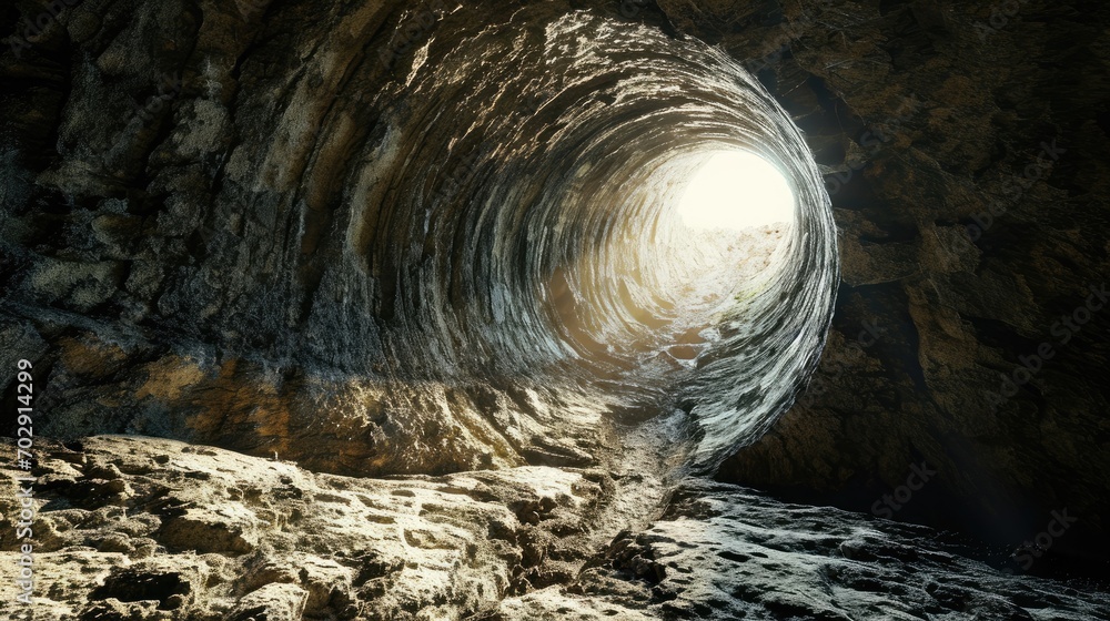 Poster a cave with a light at the end of the tunnel and a person standing in the middle of the tunnel.