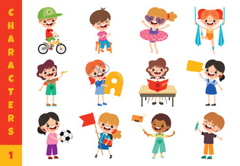 Obraz na płótnie Canvas Cartoon Children Doing Different Activities
