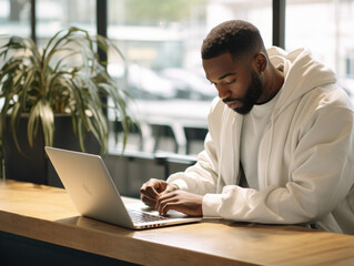 A man in light clothes uses a laptop.