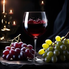 A crystal wine glass holds deep red wine, next to plump grapes, in a dark, moody setting, creating an alluring and elegant composition.