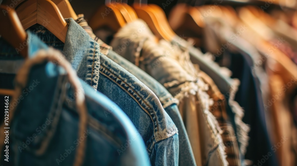 Poster a row of jeans hanging on a rack in front of a row of other clothes hanging on a rack in front of a 