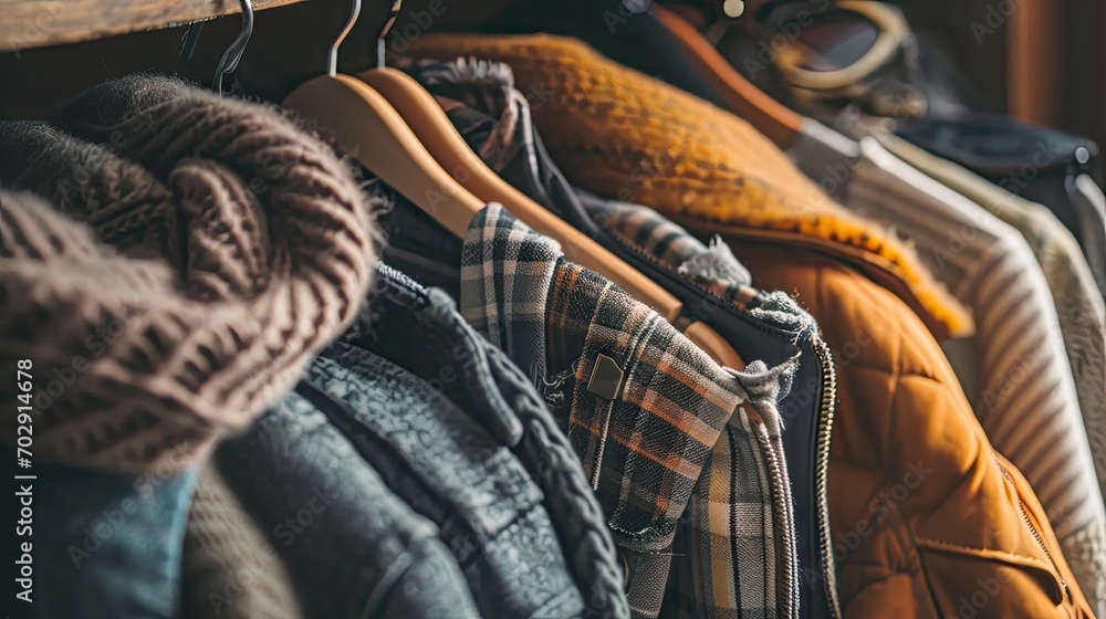 Aufkleber a rack of sweaters and scarves are hanging on a rack in front of a window with a pair of glasses on 
