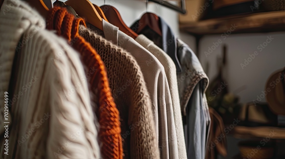 Poster a row of sweaters hanging on a rack next to a wooden shelf with a hat on top of it.