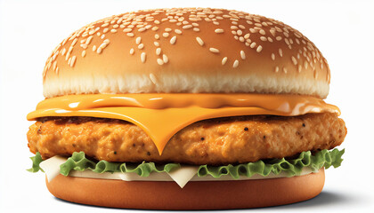 Isolated on a white background, a large double cheddar cheese hamburger with chicken