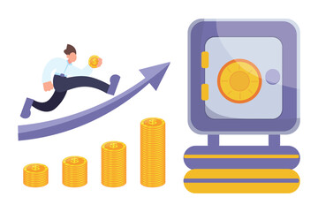 Running man with golden coins, safe box and increasing arrow. Concept of rising prices