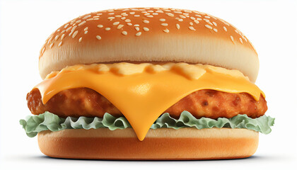 Isolated on a white background, a large double cheddar cheese hamburger with chicken