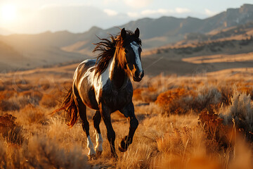Wild Mustang Galloping in Golden Prairie, Free Spirit Horse in Sunset Light, Majestic Stallion Roaming in Mountainous Terrain - obrazy, fototapety, plakaty