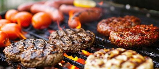 Grilling a variety of burgers and hotdogs. - obrazy, fototapety, plakaty