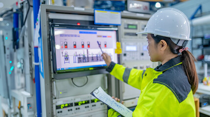 Electrical engineer woman checking voltage at the Power Distribution Cabinet in the control room,preventive maintenance Yearly,Thailand Electrician working at company - obrazy, fototapety, plakaty