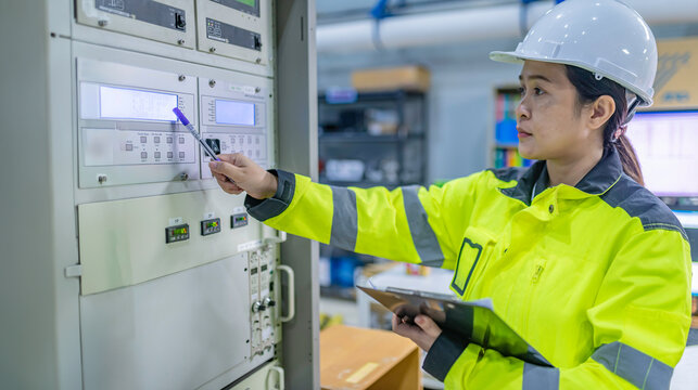 Electrical Engineer Woman Checking Voltage At The Power Distribution Cabinet In The Control Room,preventive Maintenance Yearly,Thailand Electrician Working At Company