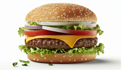 Delectable burger isolated on a white background on a table - obrazy, fototapety, plakaty