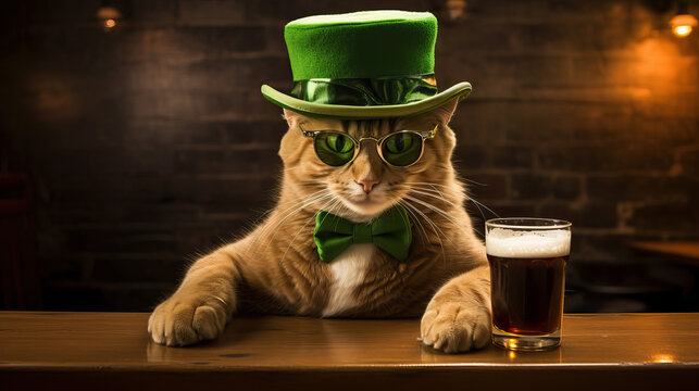 Cats celebrating St Patrick's Day dressed as Leprechauns at the pub drinking beer - Powered by Adobe