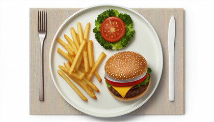 Burger and fries laid out flat on a plate with a white background in the background