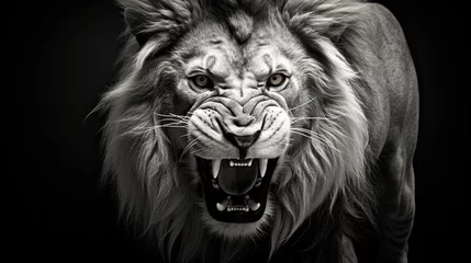 Foto op Canvas Close-up of the head of an aggressive lion ready to attack. Wild animal in monochrome style. Illustration for cover, card, postcard, interior design, banner, poster, brochure or presentation. © Login