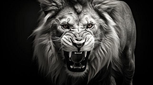 Close-up of the head of an aggressive lion ready to attack. Wild animal in monochrome style. Illustration for cover, card, postcard, interior design, banner, poster, brochure or presentation.
