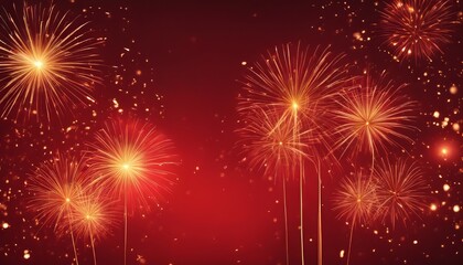 Fototapeta premium Golden Fireworks on red background, chinese new year concept