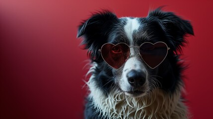Love is in the Air: A Black and White Border Collie Dog Donning Heart-Shaped Sunglasses