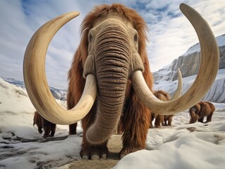 Mammoth in natural habitat with fisheye effect. Illustration for cover, card, postcard, interior design, banner, poster, brochure or presentation. - obrazy, fototapety, plakaty
