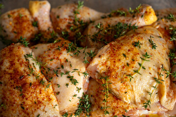 Close-up of chicken pieces seasoned with thyme in a glass bowl prepared for grilling