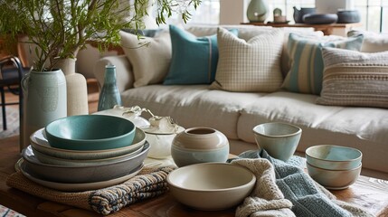 Fototapeta na wymiar Homely Living Room Scene with a Casual Display of Handcrafted Ceramic Tableware and Cozy Textiles