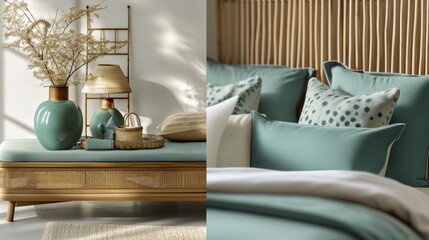 Elegant and Modern Living Room Decor with Teal Sofa, Wooden Accents, and Decorative Vases