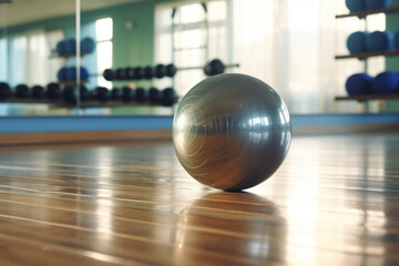 Gymnastic ball in an empty bright sports hall with various sports equipment. Business background. Healthy lifestyle.