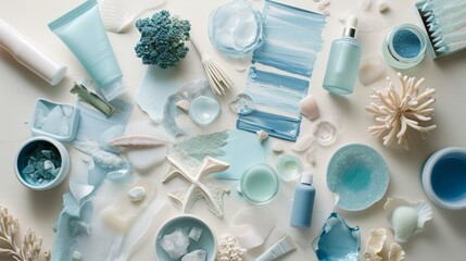 Serene Ocean-Inspired Flat Lay Composition with Shades of Blue, Aquatic Elements, and Skincare Products