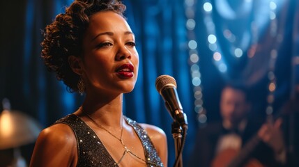 Elegant Jazz Singer Performing Live with a Vintage Microphone on a Club Stage with Bokeh Lights