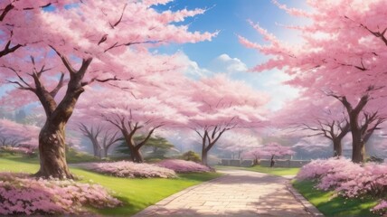 A Serene Stroll Through a Sakura Garden on a Sunny Spring Day.