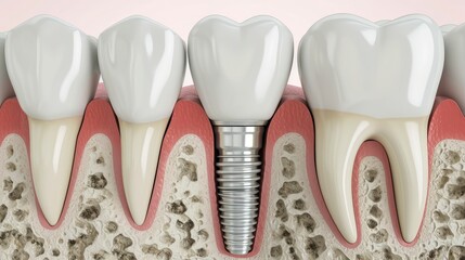 Advanced Dental Implant Procedure: A Detailed Illustration of a Tooth Replacement with a Modern Implant in Gums.