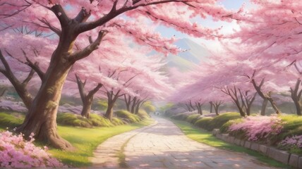 Obraz na płótnie Canvas A Serene Stroll Through a Sakura Garden on a Sunny Spring Day.