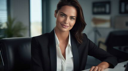 Beautiful brunette woman in stylish business clothes. Successful strong woman, office worker, manager.