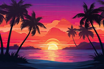 A tropical island sunset banner template, perfect for romantic getaways