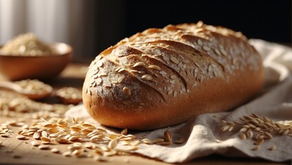 Freshly baked wheat white loaf of bread. Baked baguette. Nutritious food bread for breakfast. Wooden kitchen, rays of light, morning.