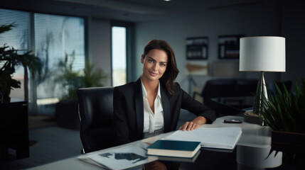 Beautiful brunette woman in stylish business clothes. Successful strong woman, office worker, manager. - obrazy, fototapety, plakaty