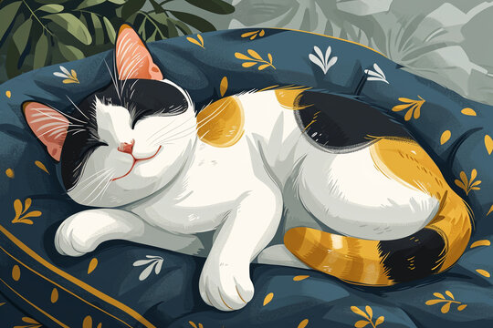 An adorable illustration of a plump and content cat lounging on a cushion, cheeks puffed up with cuteness, showcasing the irresistible charm of chubby feline companions.