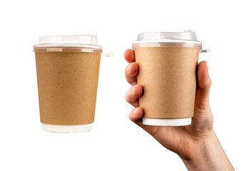Paper cup mock-up, take-away coffee mug to go mockup in hand, set isolated on white background