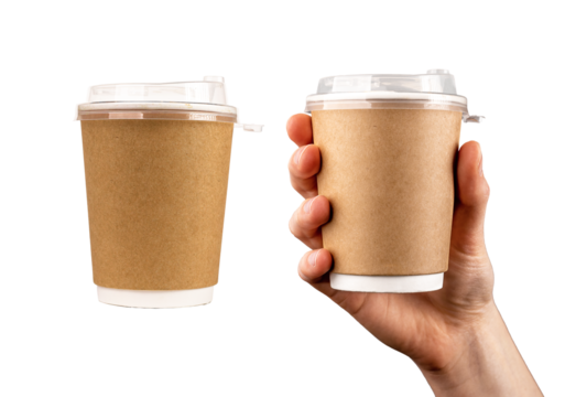 Paper cup mock-up, take-away coffee mug to go mockup in hand, set isolated on white background