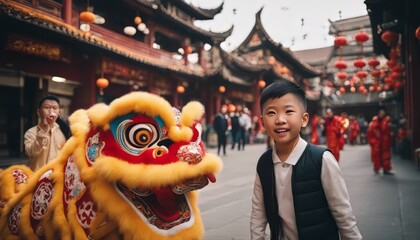 potrait Chinese family with a lion dance in china town - obrazy, fototapety, plakaty